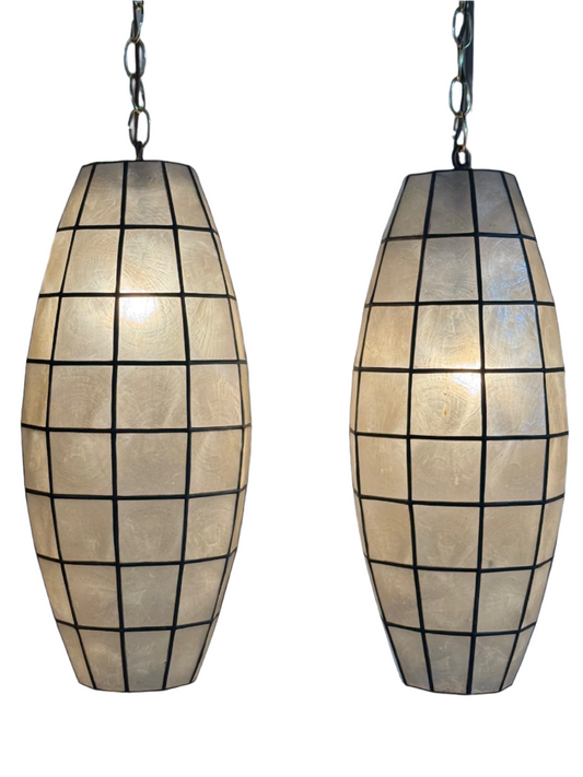 Pair of Vintage Capiz Shell Pendant Lights with Black Grid Detailing