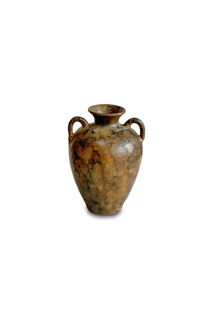 Marble-inspired Handled Vintage Brown Urn Vase (Signed)
