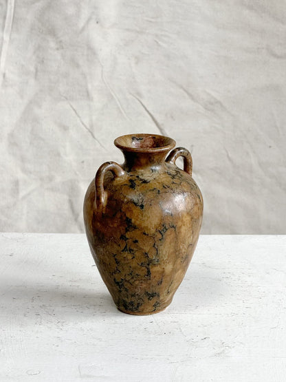 Marble-inspired Handled Vintage Brown Urn Vase (Signed)