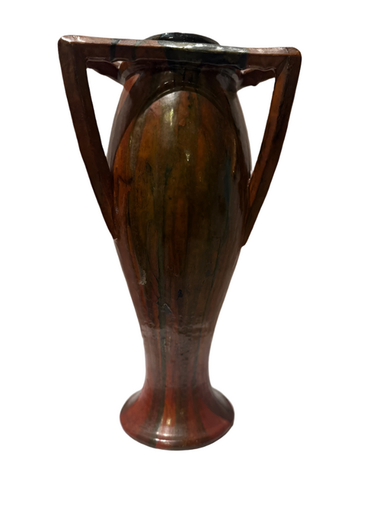 Rare Vintage French Art Nouveau Pottery Vase with Sculptural Triangular Handles & Drip Glaze