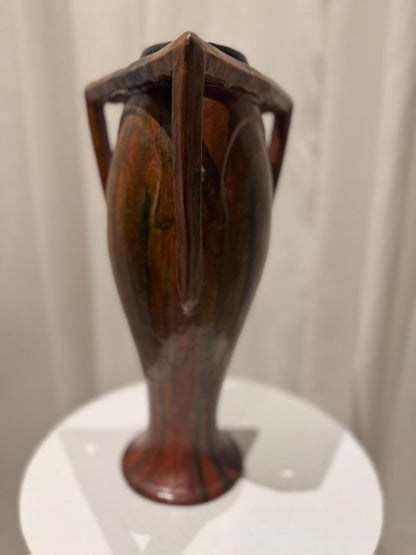 Rare Vintage French Art Nouveau Pottery Vase with Sculptural Triangular Handles & Drip Glaze