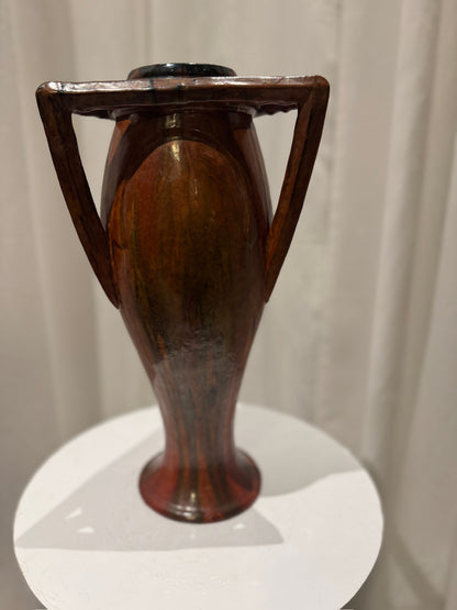 Rare Vintage French Art Nouveau Pottery Vase with Sculptural Triangular Handles & Drip Glaze
