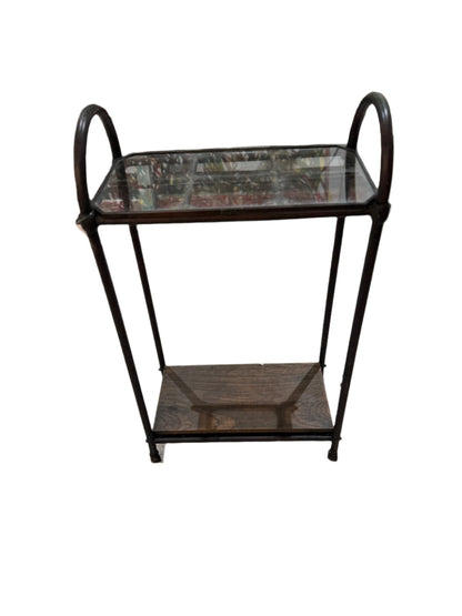 Antique Industrial Copper & Glass Entryway Stand with Wooden Shelf