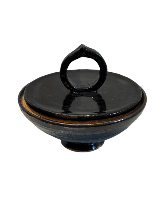 Vintage Black Glazed Ceramic Lidded Bowl with Sculptural Ring Handle
