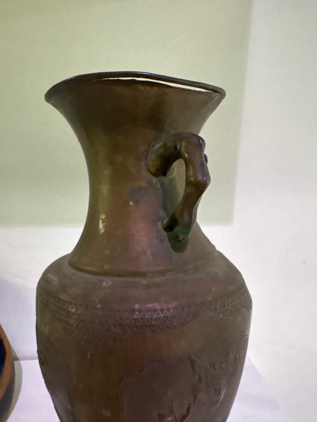 Antique Asian Bronze Vase with Sculptural Handles and Floral Relief Panels