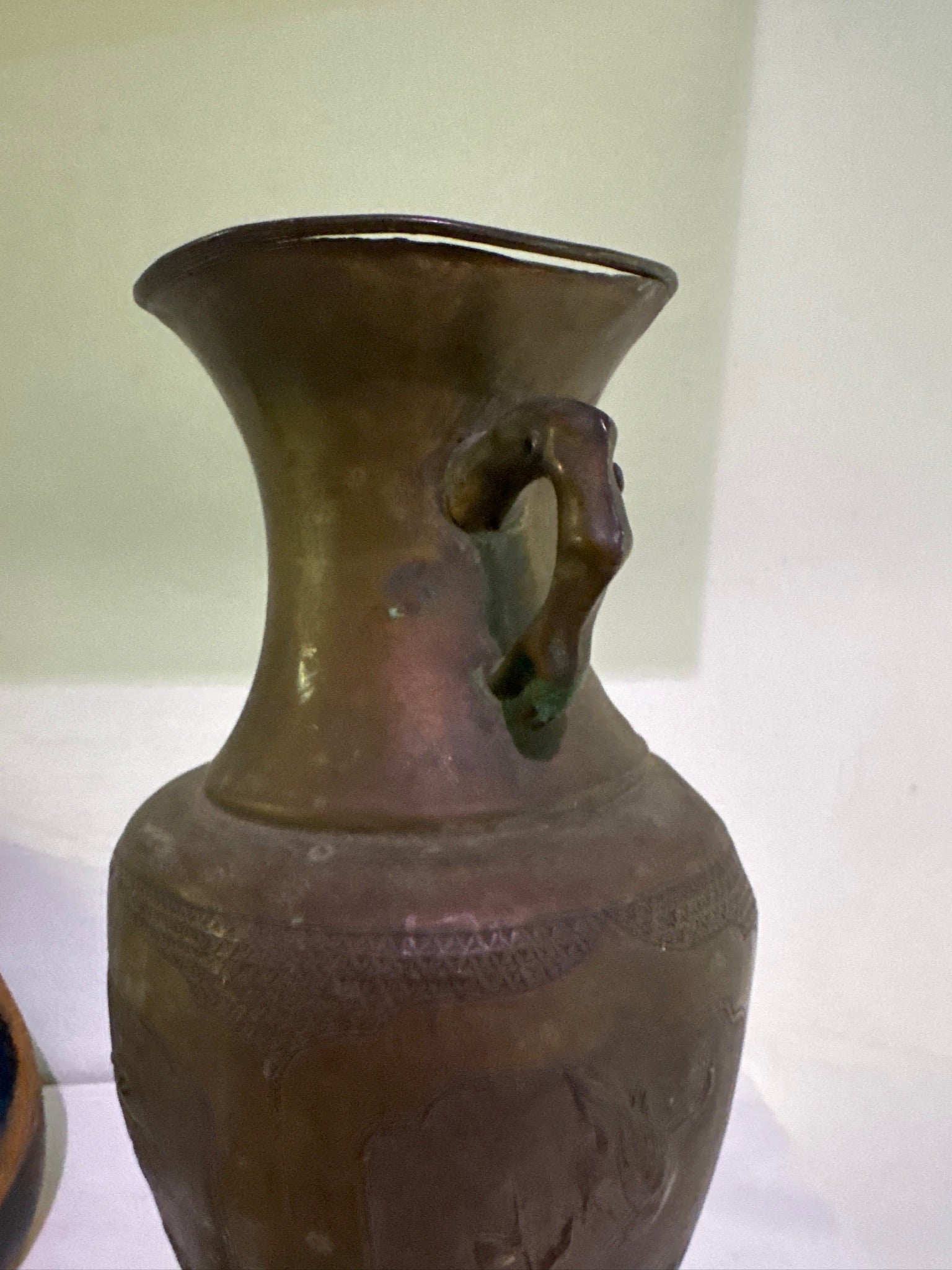 Antique Asian Bronze Vase with Sculptural Handles and Floral Relief Panels