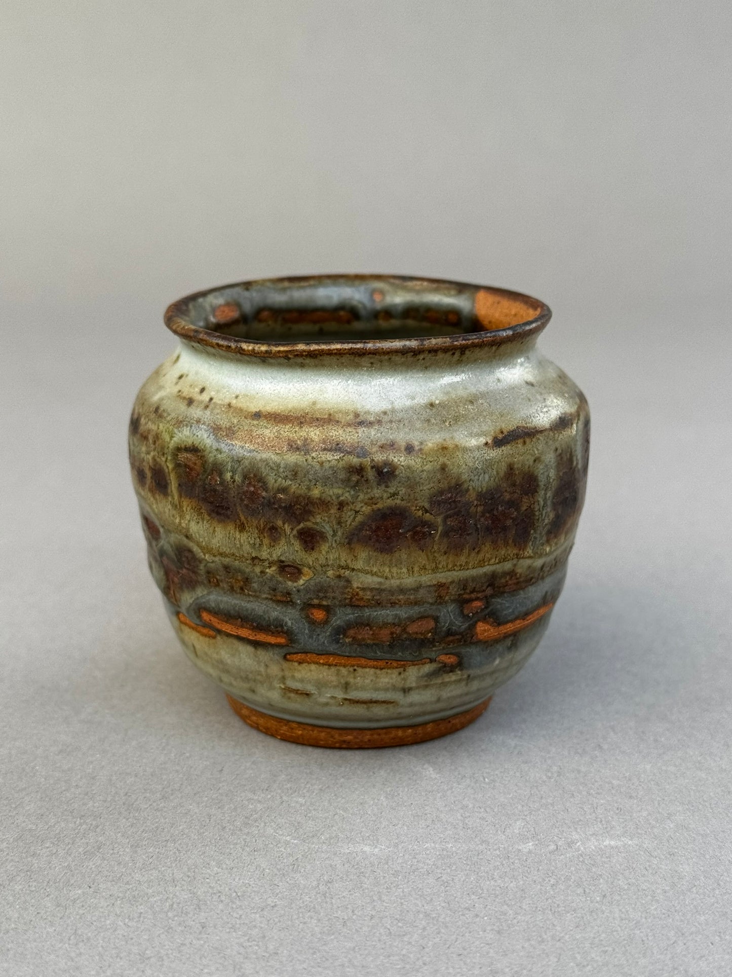 Signed Studio Pottery Urn Vase P.S.E – Brown, Gray & Terracotta Ash Glaze