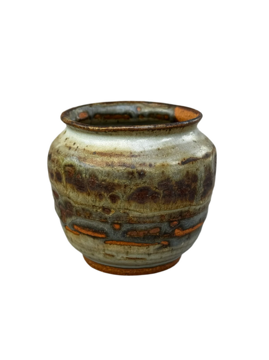 Signed Studio Pottery Urn Vase P.S.E – Brown, Gray & Terracotta Ash Glaze