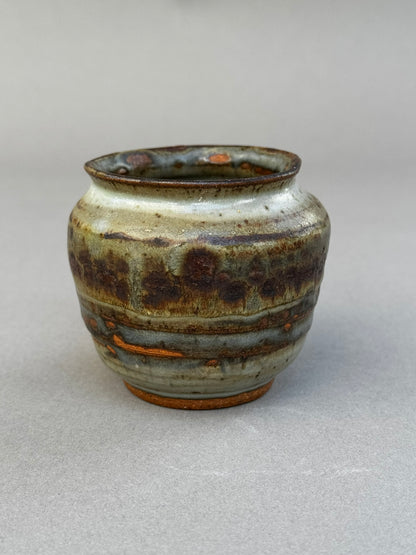 Signed Studio Pottery Urn Vase P.S.E – Brown, Gray & Terracotta Ash Glaze