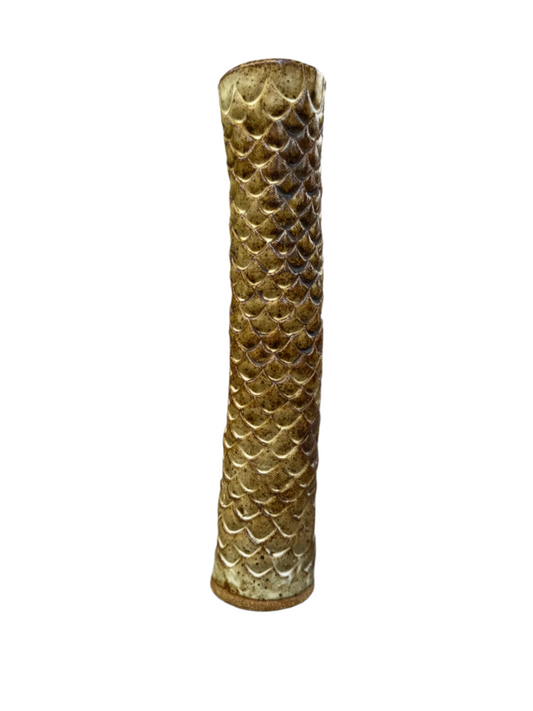 Tall Hand-Glazed Studio Pottery Vase with Fish Scale Relief – Signed A.G.E