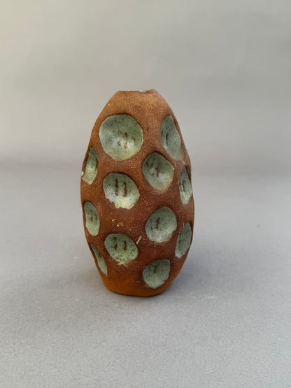 Handmade Terracotta Glazed Studio Pottery Bud Vase with Celadon Impressions