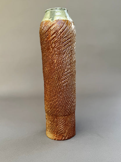 Tall Textured Studio Pottery Vase with Glazed Rim – Signed Ceramic Art Piece