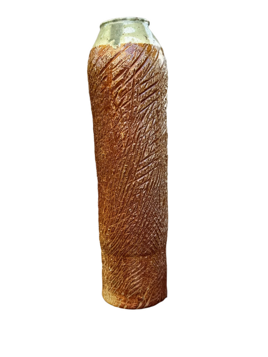 Tall Textured Studio Pottery Vase with Glazed Rim – Signed Ceramic Art Piece