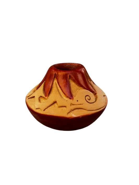 Signed Pu Wen Tsay Studio Art Pottery Vase – Miniature Hand-Carved & Glazed Ceramic with Organic Motifs