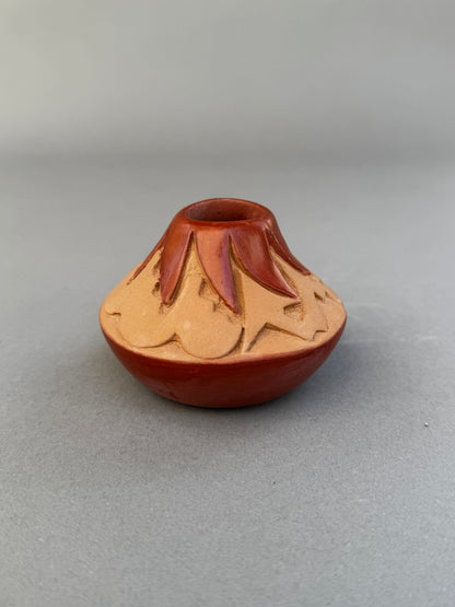 Signed Pu Wen Tsay Studio Art Pottery Vase – Miniature Hand-Carved & Glazed Ceramic with Organic Motifs