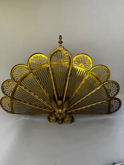 Antique Brass Griffin & Peacock Folding Fire Guard – Edwardian Fireplace c.1900s