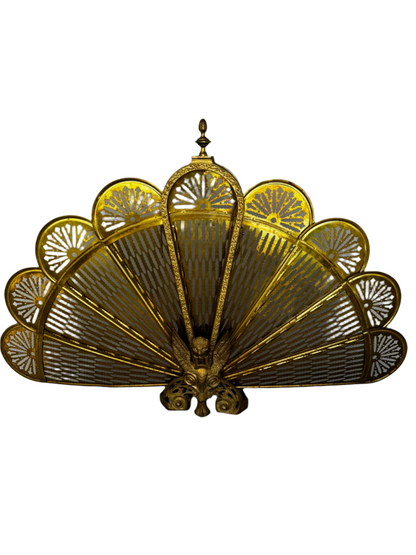 Antique Brass Griffin & Peacock Folding Fire Guard – Edwardian Fireplace c.1900s