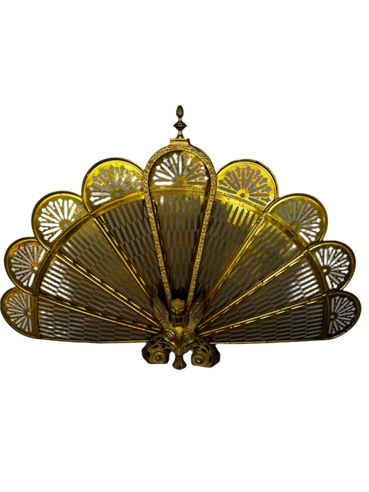 Antique Brass Griffin & Peacock Folding Fire Guard – Edwardian Fireplace c.1900s
