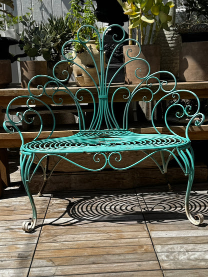 Whimsical Vintage Wrought Iron Peacock Garden Bench – Ornate Scrollwork