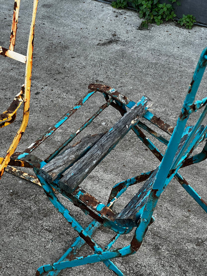 French Antique Metal Iron Wood Folding Bistro Garden Chair Set of 4