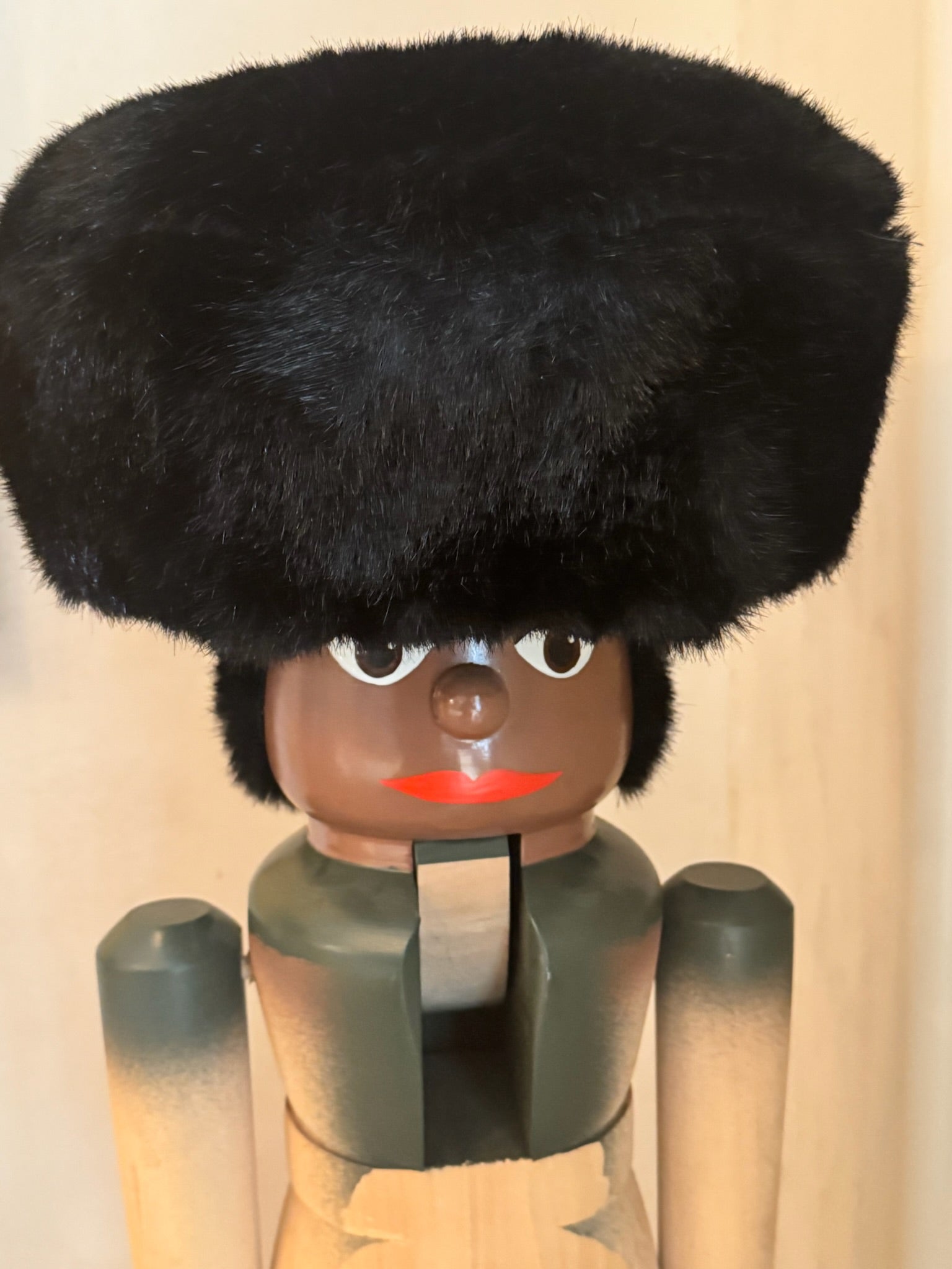 Pair of Monumental Hand-Painted Wooden Figural Sculptures with Faux Fur Hats, Folk Art Style, Late 20th Century