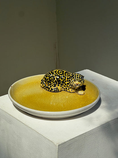 Vintage Italian Ceramic Yellow Platter with Jaguar Figurine