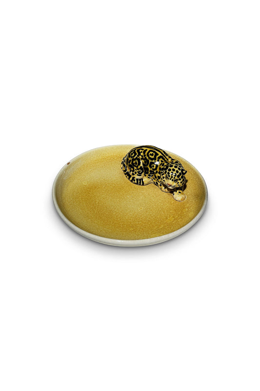 Vintage Italian Ceramic Yellow Platter with Jaguar Figurine