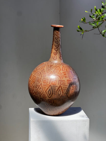 Vintage Hand-Painted Tribal Pottery Vase – Geometric Motifs & Aged Patina