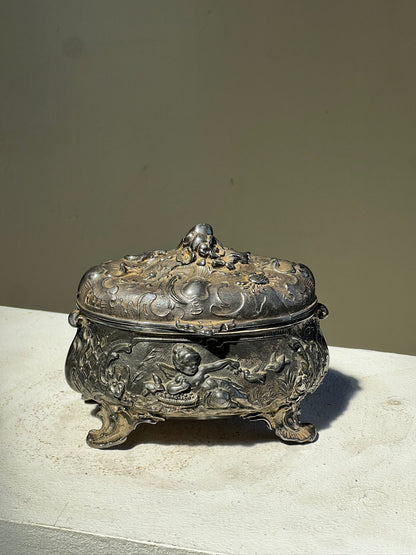 Antique 19th Century French Metal Jewelry Box with Cherub and Birds