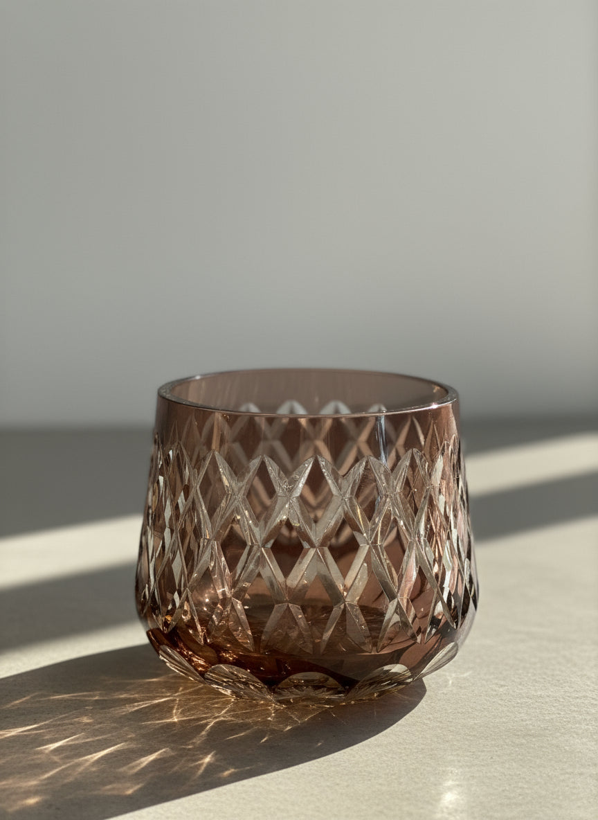 Vintage Cut-to-Clear Smoky Crystal Vase with Diamond Lattice Pattern