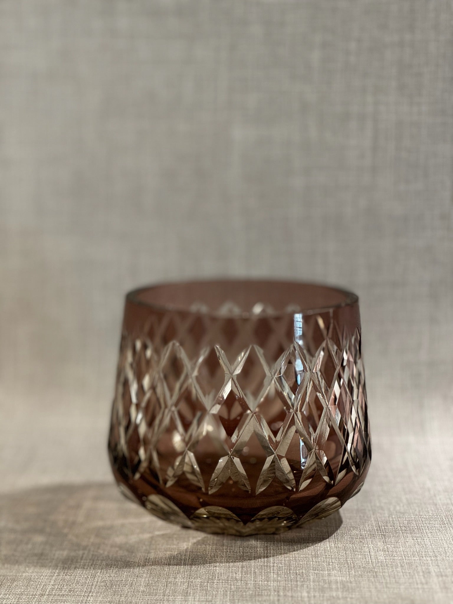 Vintage Cut-to-Clear Smoky Crystal Vase with Diamond Lattice Pattern
