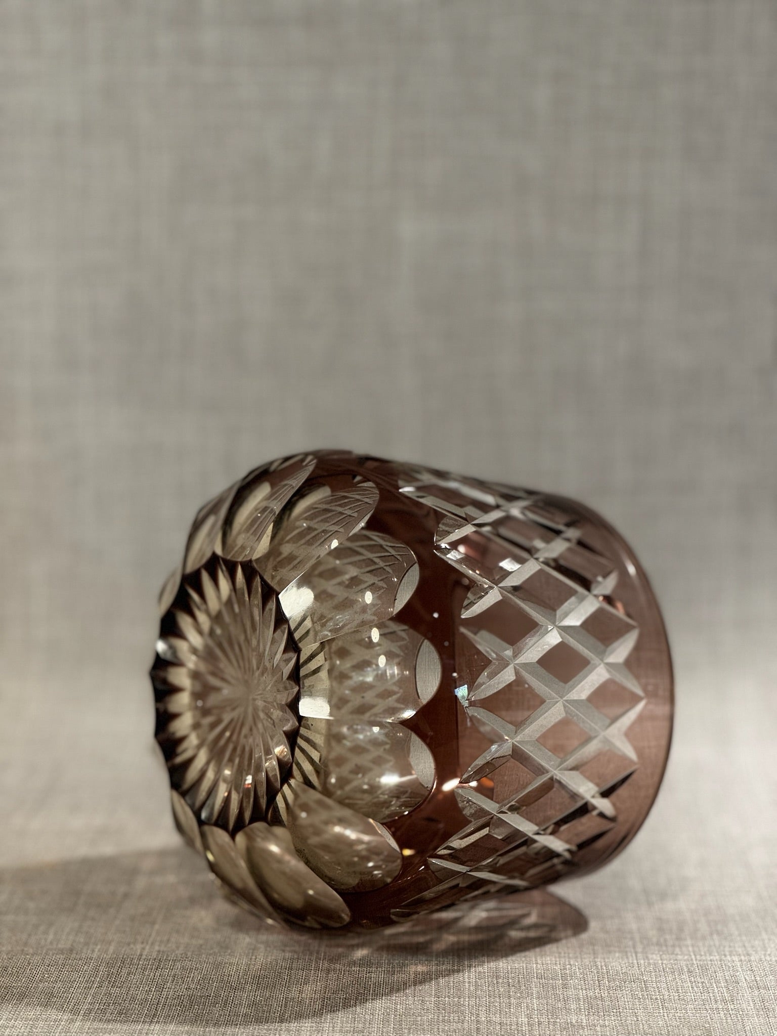 Vintage Cut-to-Clear Smoky Crystal Vase with Diamond Lattice Pattern