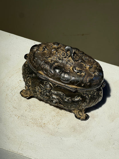Antique 19th Century French Metal Jewelry Box with Cherub and Birds