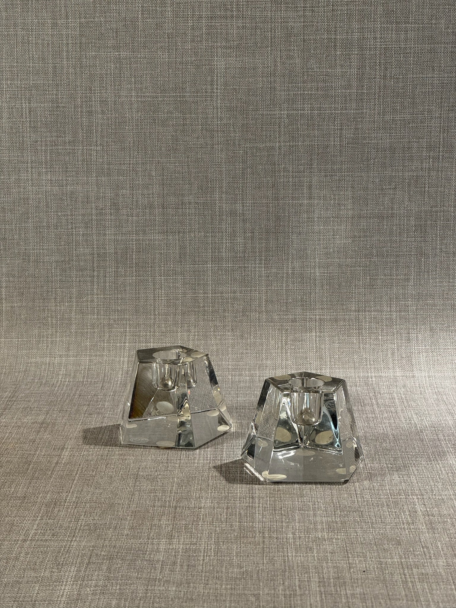 Pair of Mid-Century Modern Geometric Crystal Glass Candle Holders