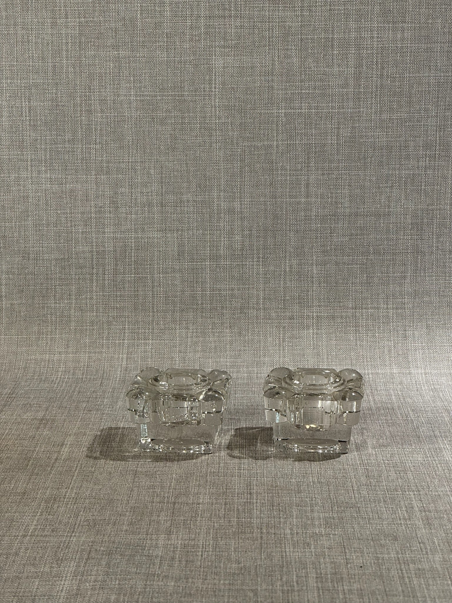 Pair of Mid-Century Modern Square Pressed Glass Taper Candle Holders – Sculptural Clear Glass Duo