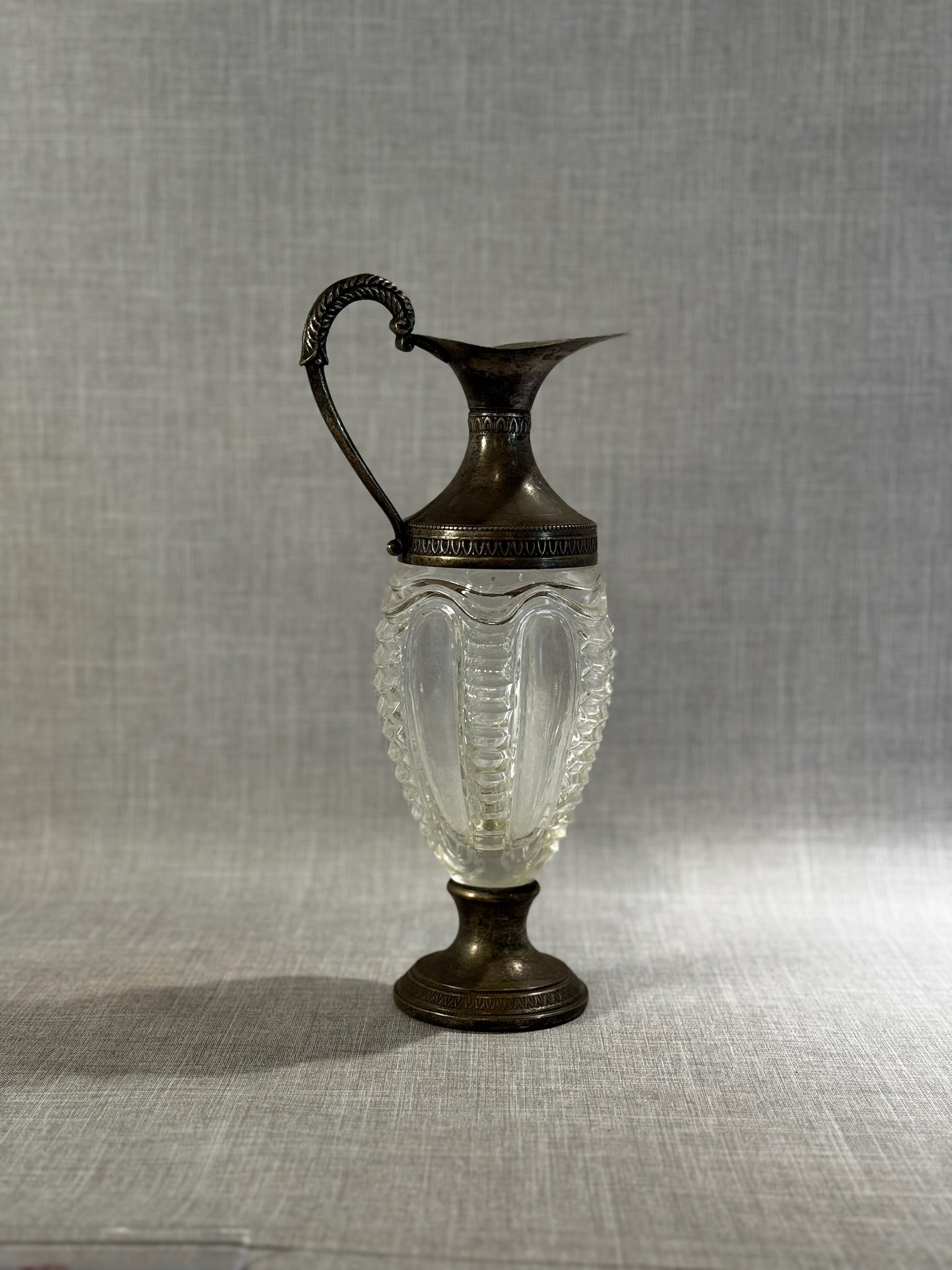 Vintage Murano Hand-Blown Cut Glass and Silver-Plated Claret Jug with Ornate Handle and Fluted Design