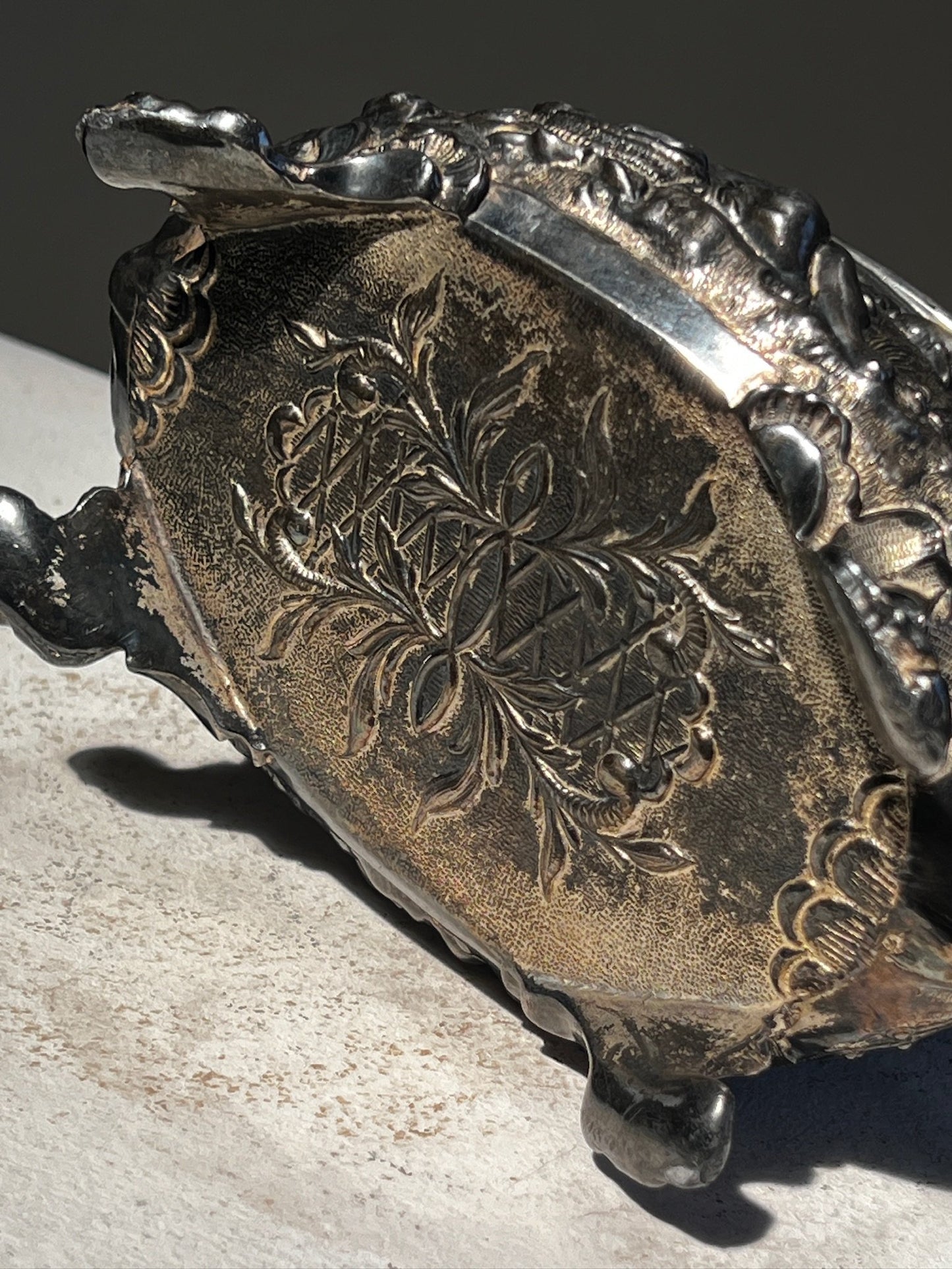 Antique 19th Century French Metal Jewelry Box with Cherub and Birds