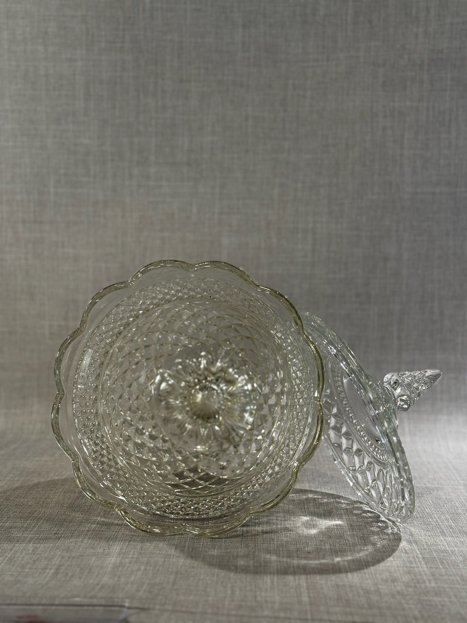 Vintage Pressed Glass Covered Compote Candy Dish with Lid – Diamond Pattern Pedestal Bowl