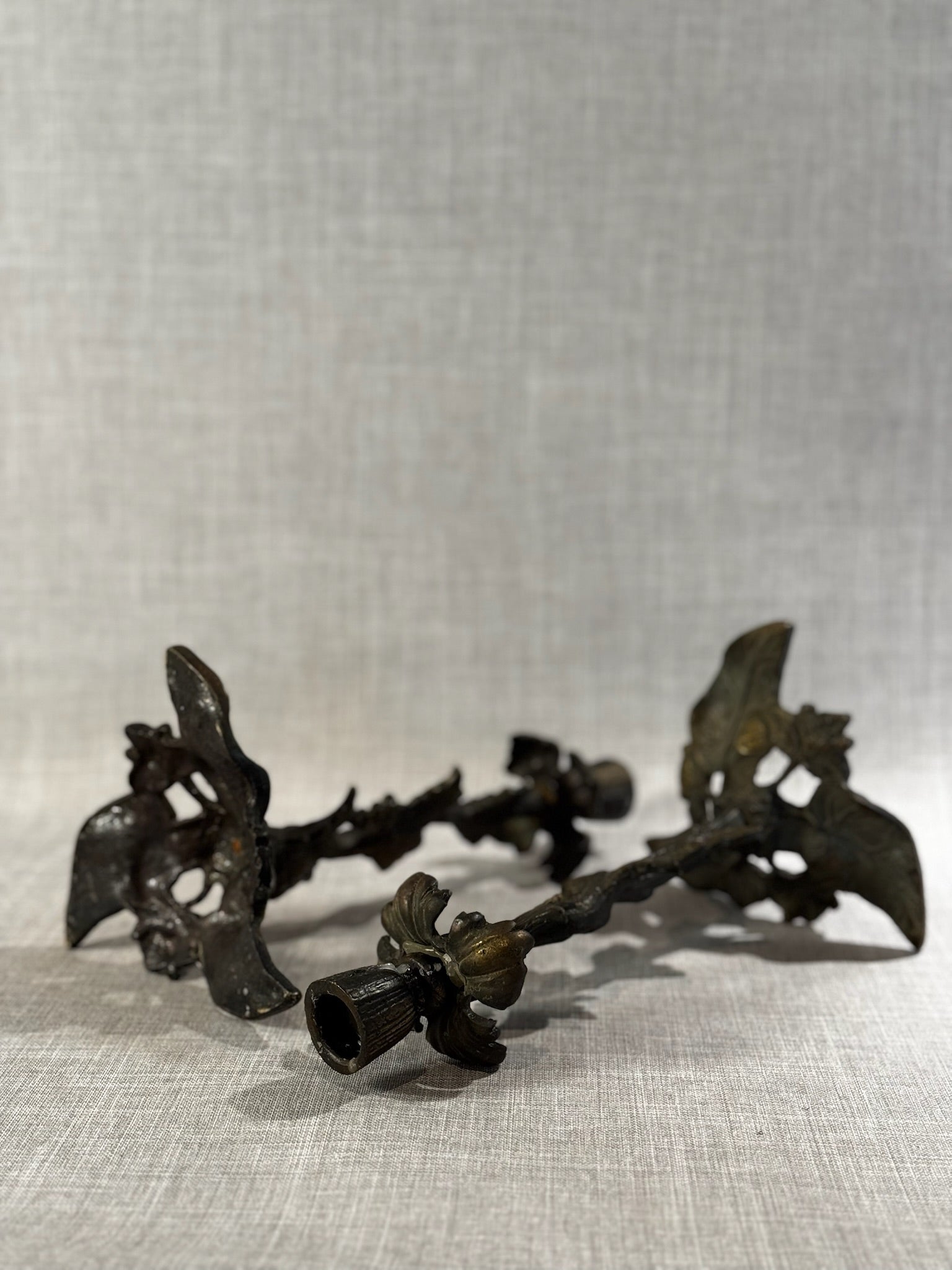 Pair of Antique Cast Bronze Grapevine Candlesticks – Ornate Nature-Inspired Design, 19th Century