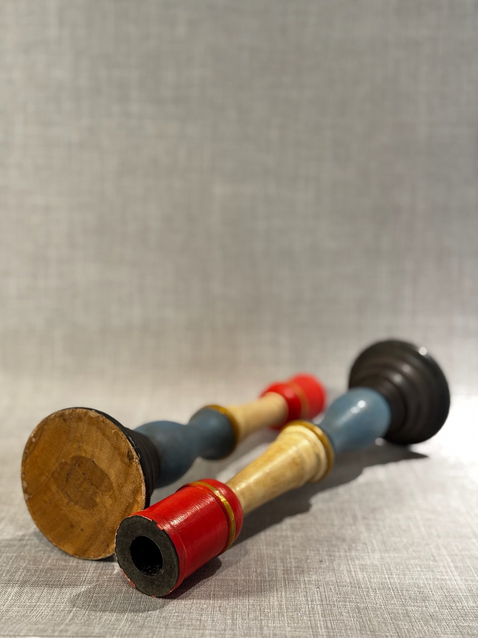 Vintage Hand-Painted Wooden Candlestick Holders – Pair of Mid-Century Folk Art Candle Stands