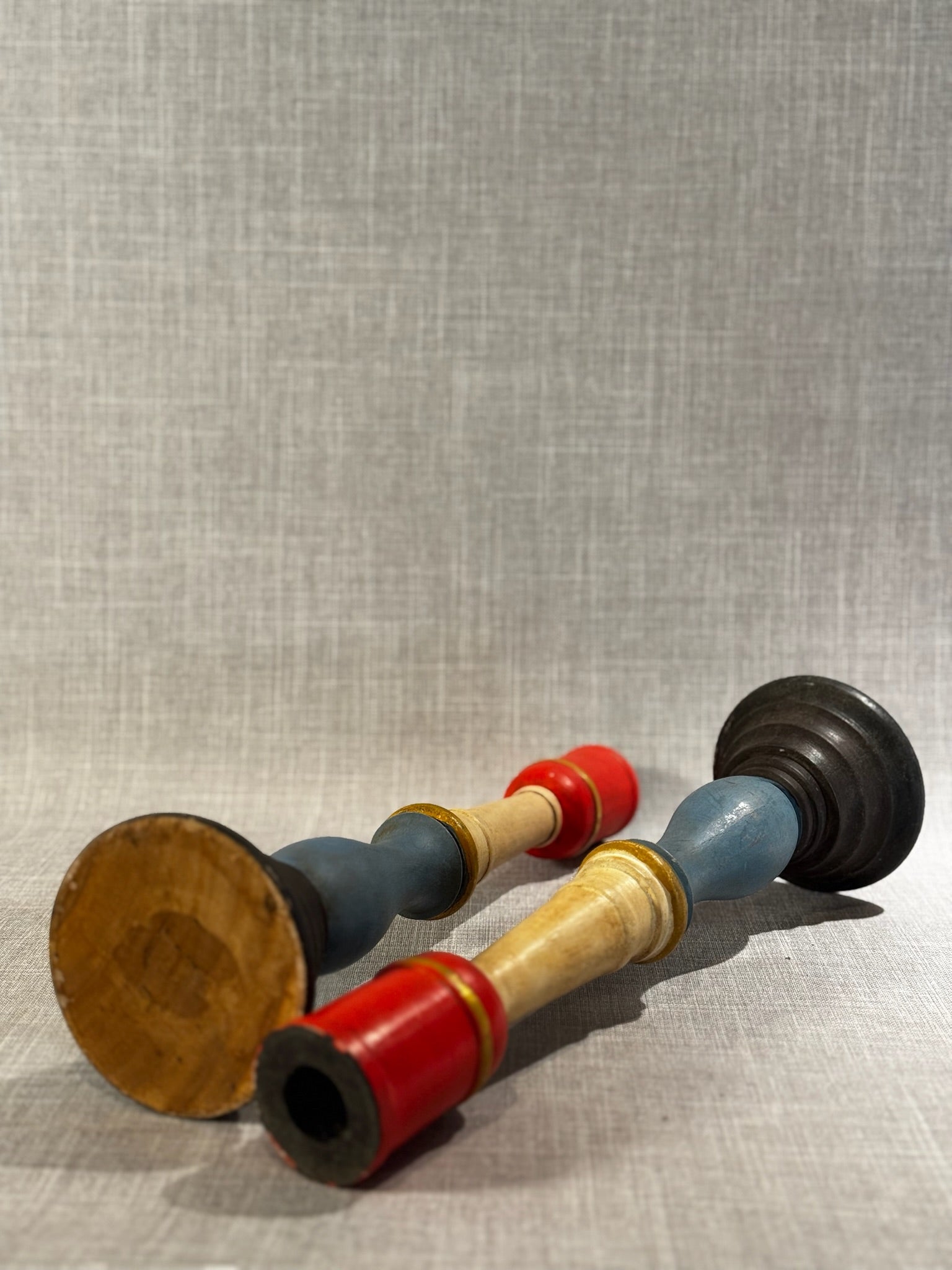 Vintage Hand-Painted Wooden Candlestick Holders – Pair of Mid-Century Folk Art Candle Stands