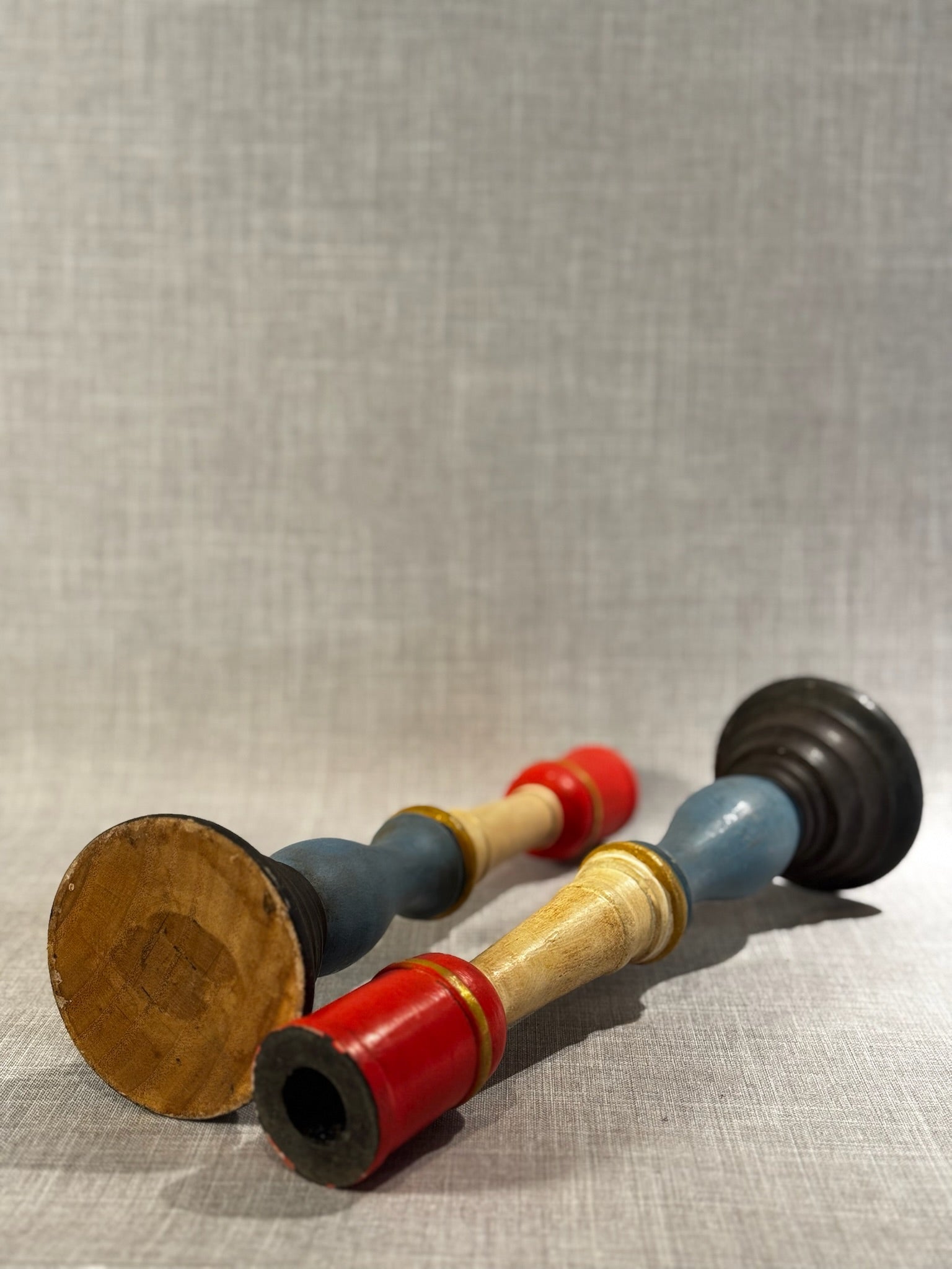 Vintage Hand-Painted Wooden Candlestick Holders – Pair of Mid-Century Folk Art Candle Stands