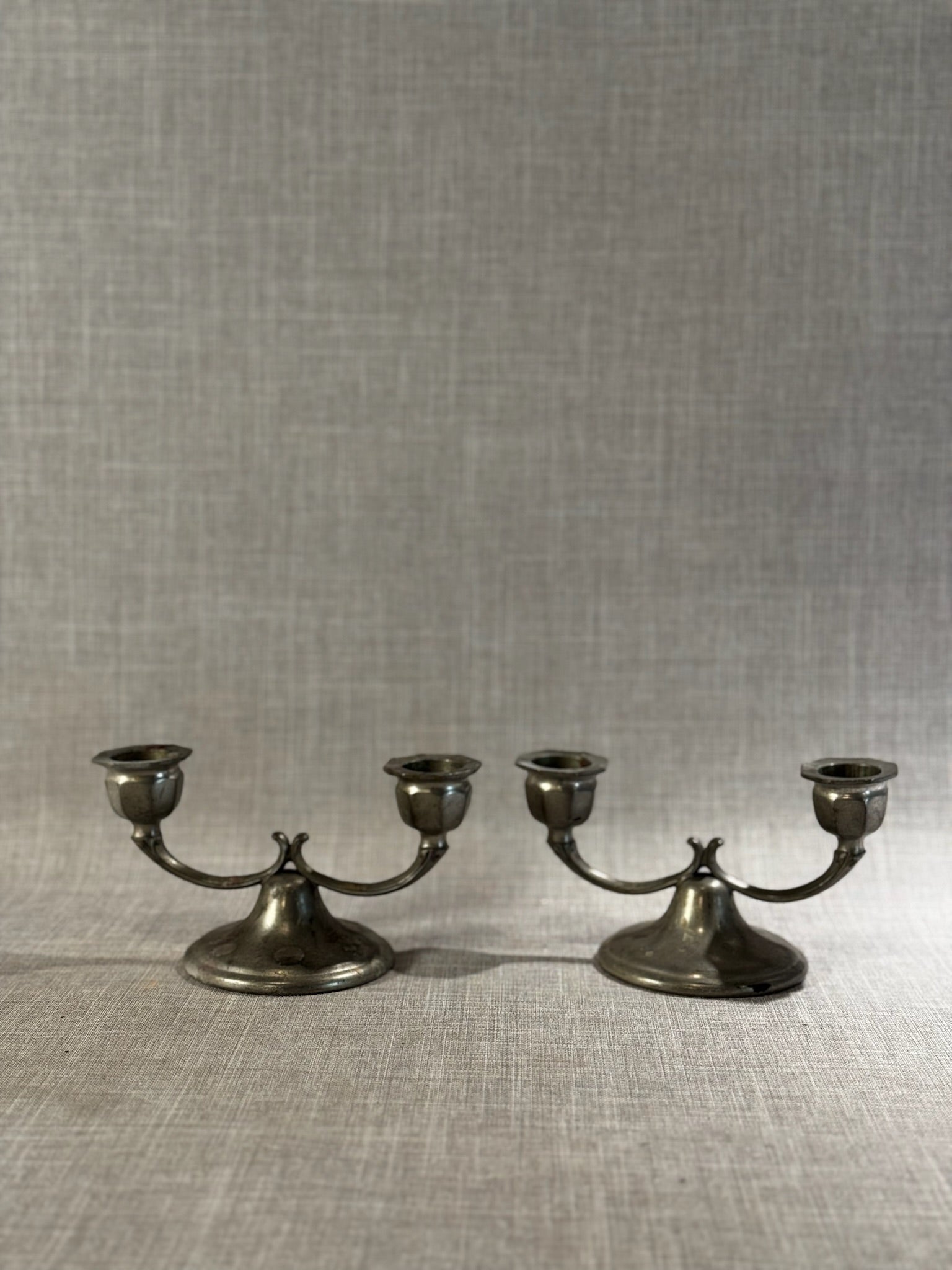 Vintage Pewter Double-Arm Candle Holders – Classic Colonial Pair