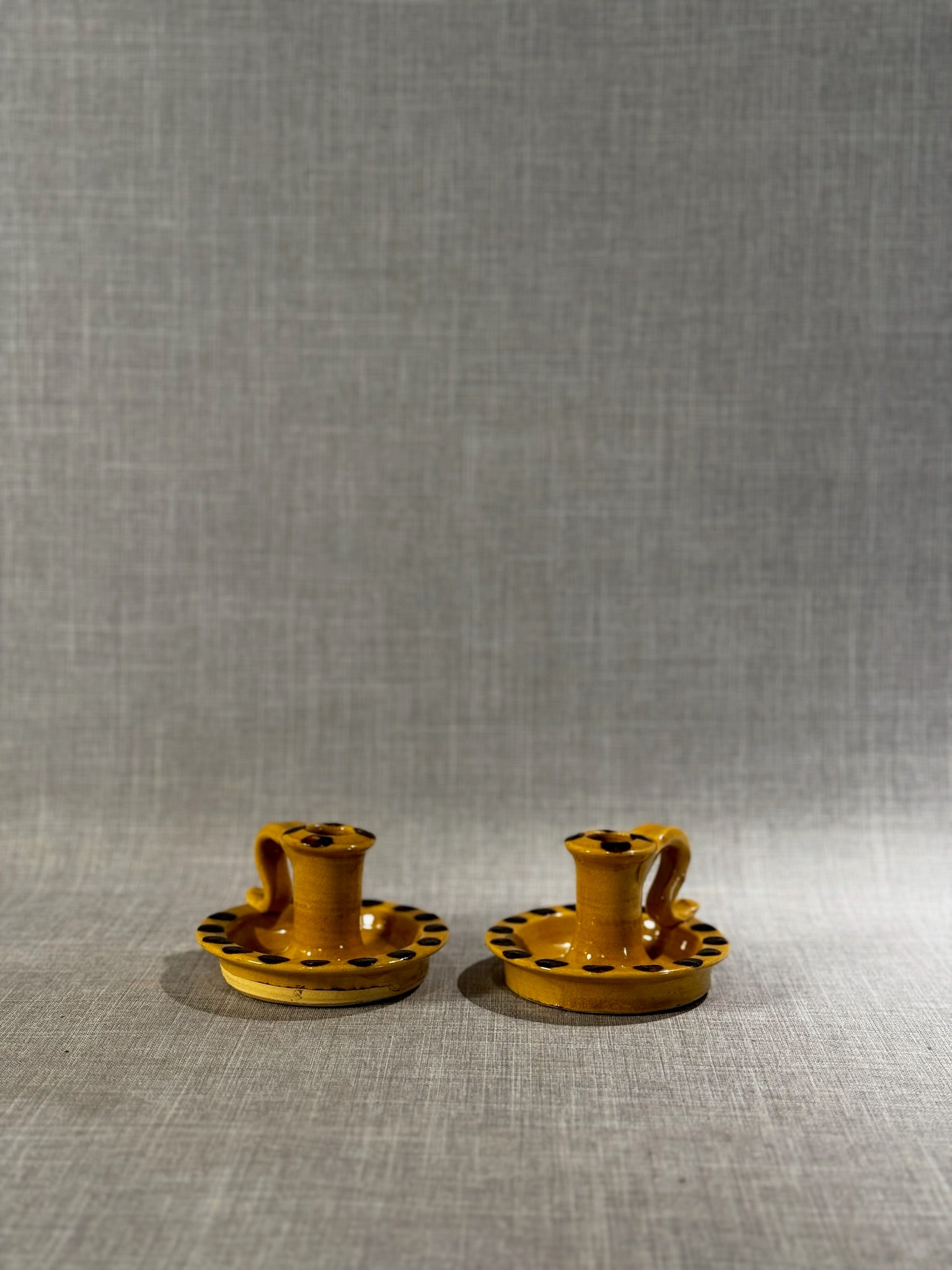 Vintage Brown Drip Pottery Chamberstick Candle Holders – Set of Two