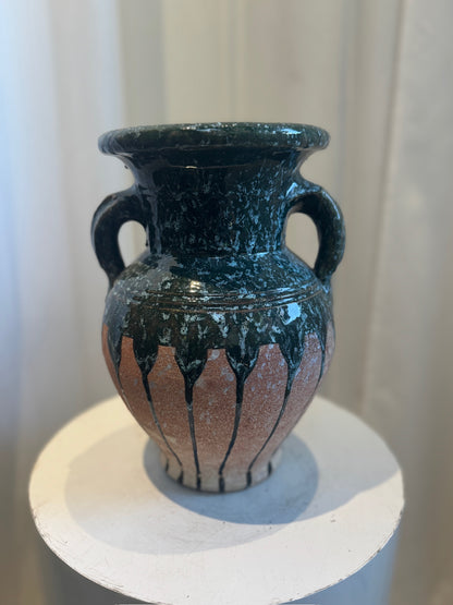 Vintage Glazed Terracotta Amphora Vase with Drip Glaze Detailing