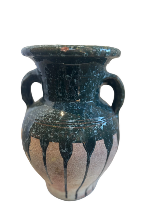 Vintage Glazed Terracotta Amphora Vase with Drip Glaze Detailing