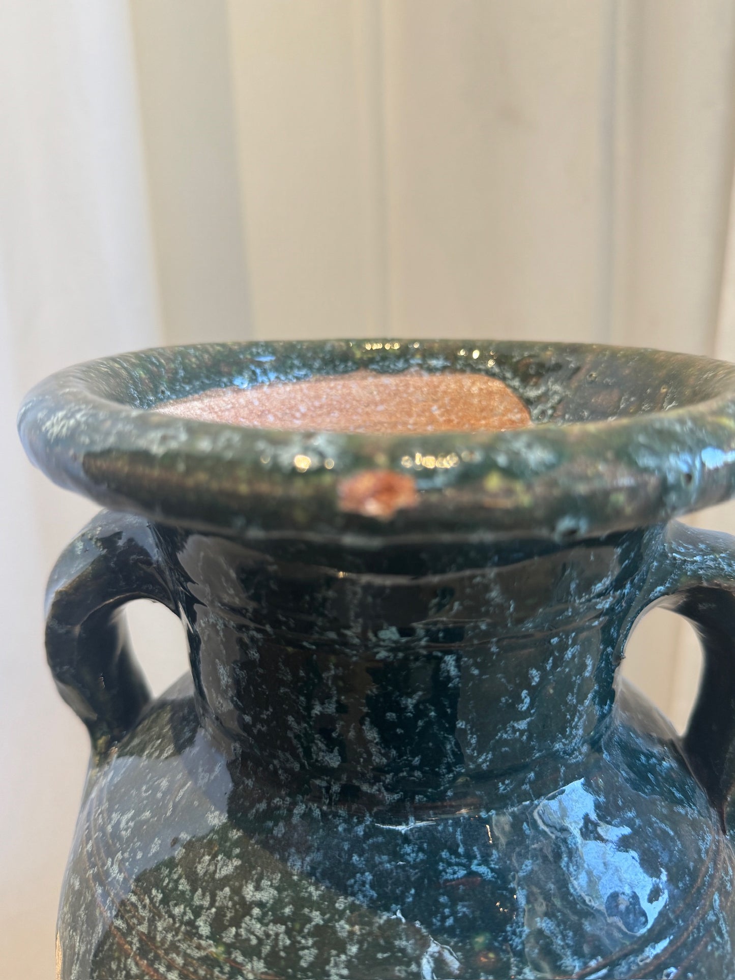 Vintage Glazed Terracotta Amphora Vase with Drip Glaze Detailing