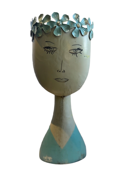 Whimsical Mid-Century Modern Metal Female Bust Planter with Aqua Floral Crown – Hand-Painted Folk Art Sculpture