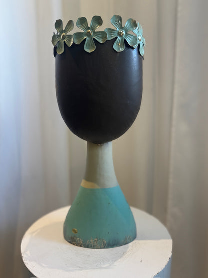 Whimsical Mid-Century Modern Metal Female Bust Planter with Aqua Floral Crown – Hand-Painted Folk Art Sculpture