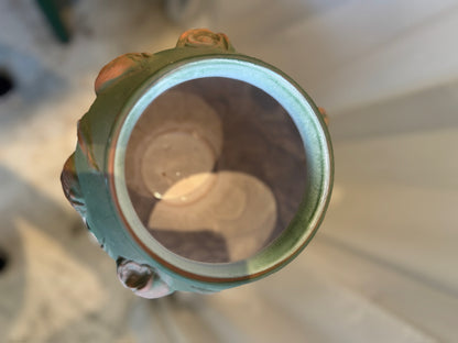 Mid-Century Portuguese Art Pottery Vase with Raised Tulip Relief in Matte Green & Terracotta